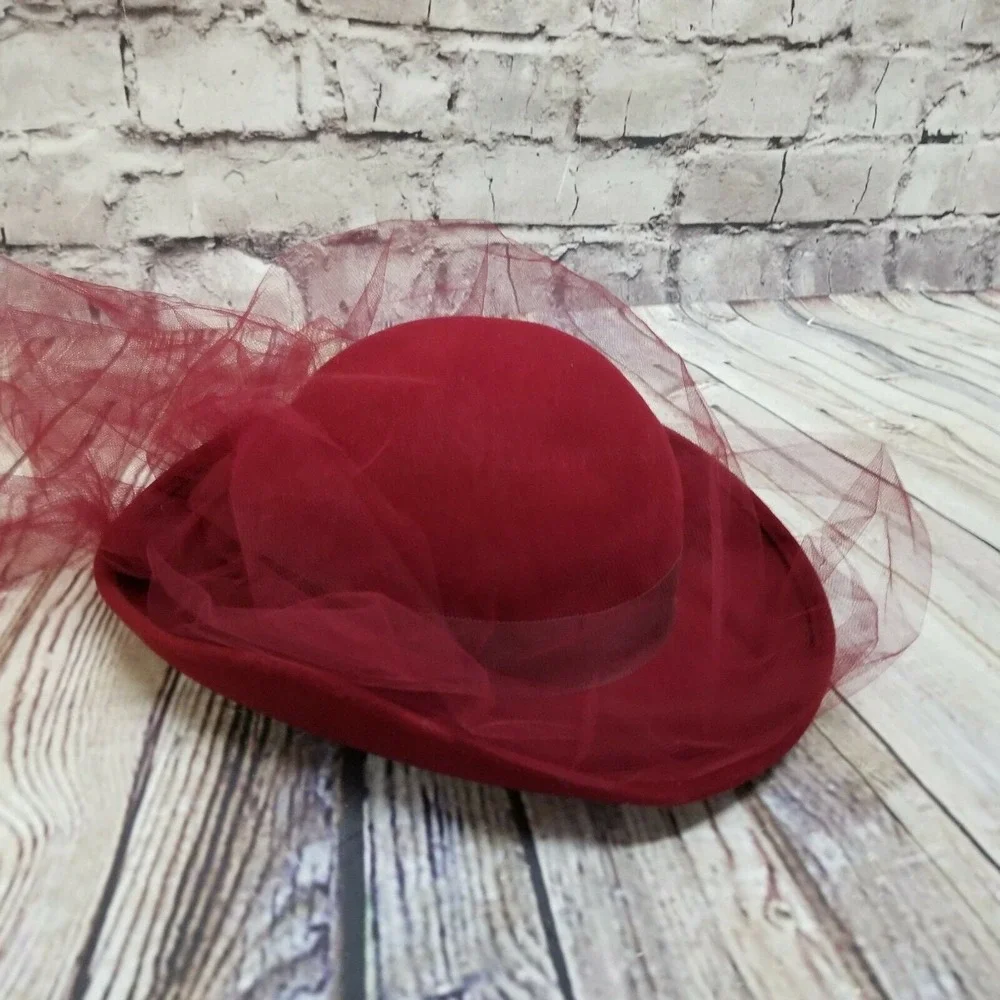 Vintage Michael Howard Maroon‎ Red Wool Hat Veil Church Derby Formal Wide Brim